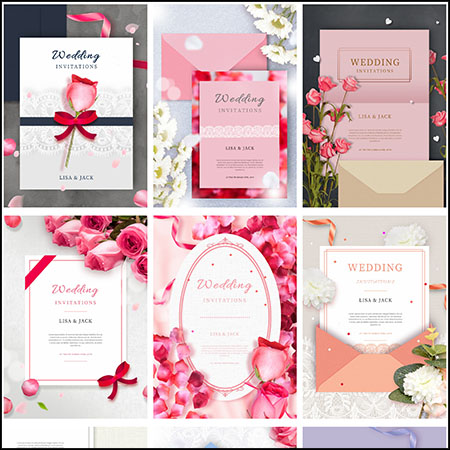 9款玫瑰花婚礼邀请函PSD模板