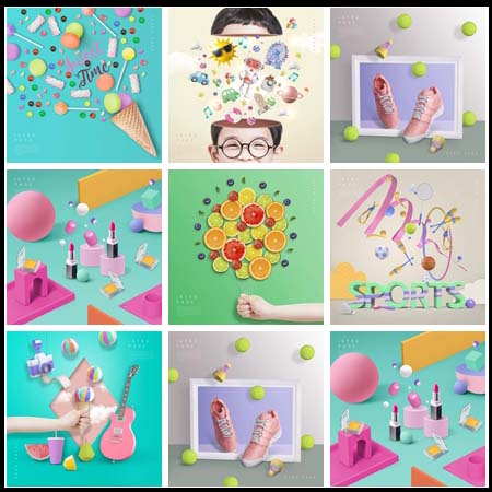 7款儿童卡通彩色c4d塑料悬浮物海报psd模板