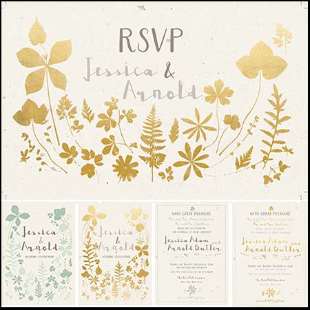 手绘蕨类植物背景婚礼请柬PSD模板