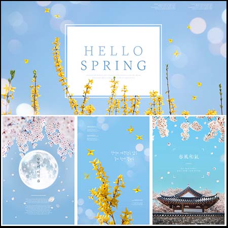 韩版你好春天春季樱花花卉背景文艺海报模板