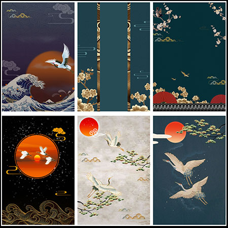 中国风仙鹤祥云海浪金鱼图案古典高端古风海报PSD背景素材