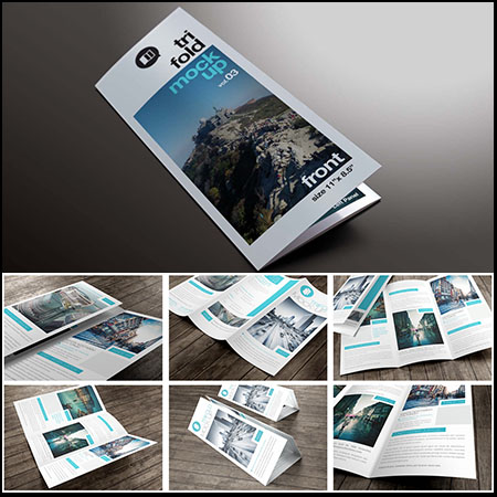 企业三折页宣传单，智能贴图VI样机PSD展示模型