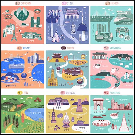 韩国旅游景点插画PSD分层素材