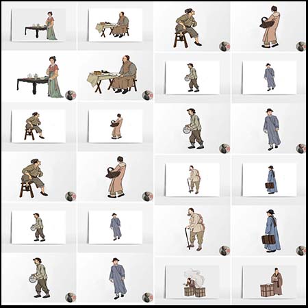 淡彩国画风古代民国市井小人物插画酒楼茶楼墙贴免抠psd素材