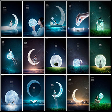 月亮夜晚星空儿童少女写真影楼后期海报背景psd模板