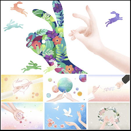 浪漫花朵鸽子手势爱情爱心比心动物手势PSD插画海报