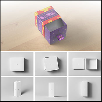 竖行盒子扁形抽盒和盖盒食品纸盒PSD样机模型