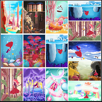 42款儿童卡通手绘小女孩大自然户外郊游插画背景PSD素材