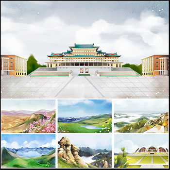 14款手绘水彩建筑和风景画PSD分层背景插画