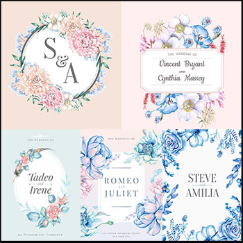 5款水彩花卉婚礼邀请函PSD模板独立花枝AI/PNG免抠图