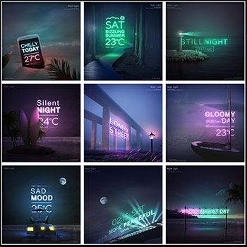 霓虹灯光下的小路城市和海面梦幻海报PSD模板