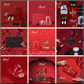 中国红美妆专题礼品包装电商PSD海报分层模板