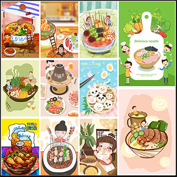 25款早点包子海鲜火锅快餐美食插画PSD分层模板