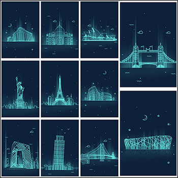 12款极简线条艺术世界著名建筑地标插图PSD素材
