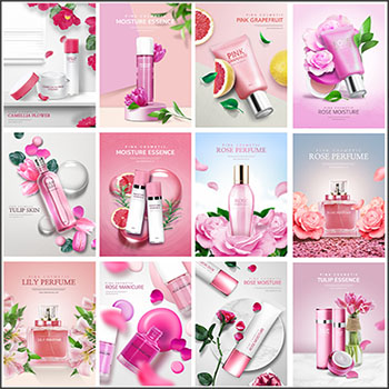 16款女性化妆品护肤品香水粉色系海报PSD分层素材