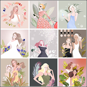9款时尚爱美化妆的女性插画PSD分层素材