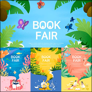 4款趣味读书插画读书节海报PSD分层模板