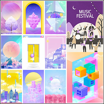 11款水彩梦幻卡通建筑插画背景PSD分层素材