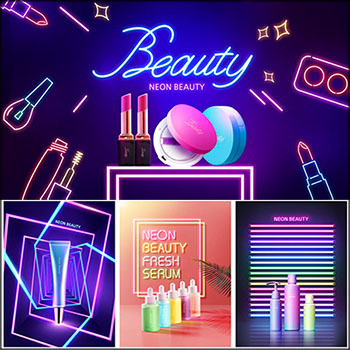 16款霓虹灯炫彩化妆品展示促销海报PSD分层素材
