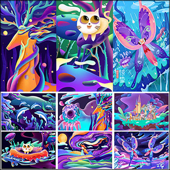 梦幻渐变融化风森林卡通可爱动物糖果渐融风海报PSD素材