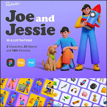 2个角色与100多个3D元素插图工具包PSD分层模板