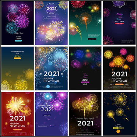 24款2021年新年快乐春节元旦烟花绽放背景海报PSD源文件
