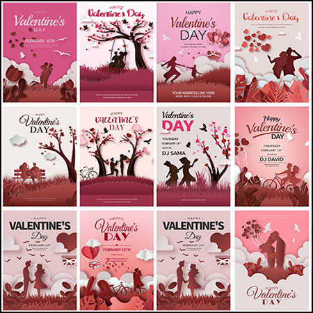 30款浪漫剪影剪纸风情人节海报PSD分层模板
