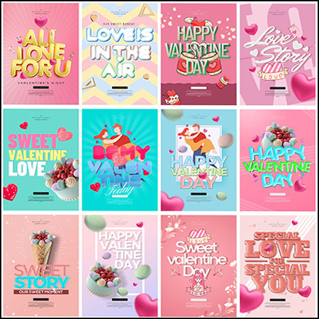 20款情人节英文立体文字手绘风格海报PSD分层模板