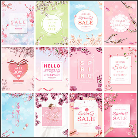 24款你好春天樱花旅游节促销打折海报PSD分层模板