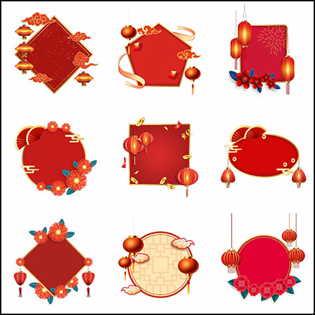30款春节红色喜庆灯笼边框框架PSD分层模板