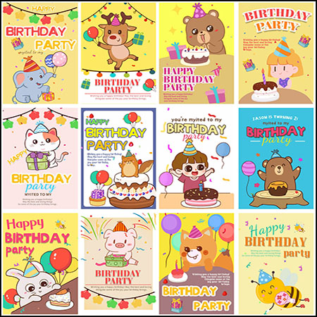 21款生日派对卡通动物插画海报PSD分层模板
