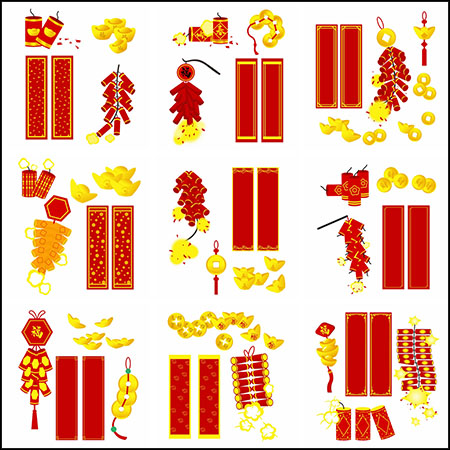 20款卡通喜庆风格鞭炮对联背景金元宝PSD插图