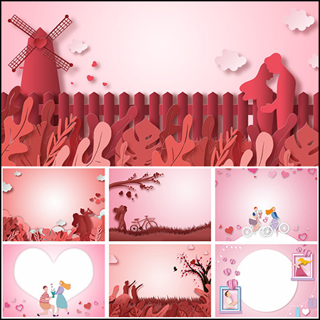 30款情人节剪纸风格插图横幅背景PSD分层模板