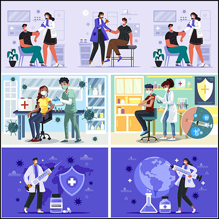 7款新冠病毒疫苗注射打针医学第一素材网矢量插图精选