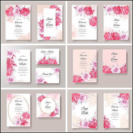 8套玫瑰花装饰婚礼邀请函邀请卡第一素材网矢量模板精选