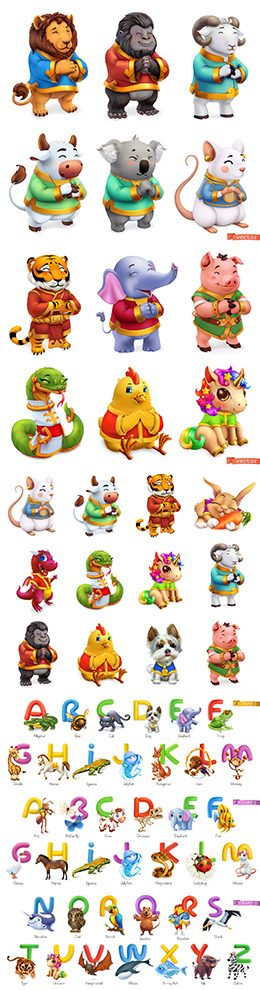 可爱中国风立体拟人化动物矢量素材