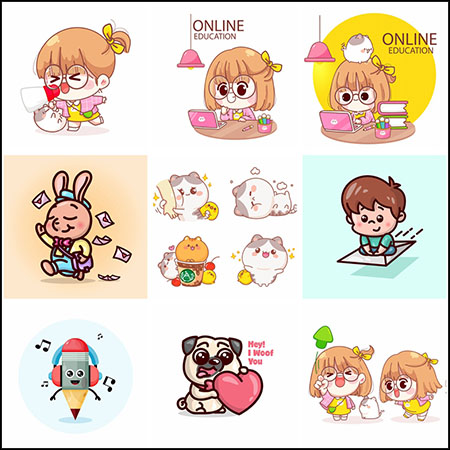 15款可爱卡通动物植物和Q版女孩表情插图第一素材网矢量素材精选