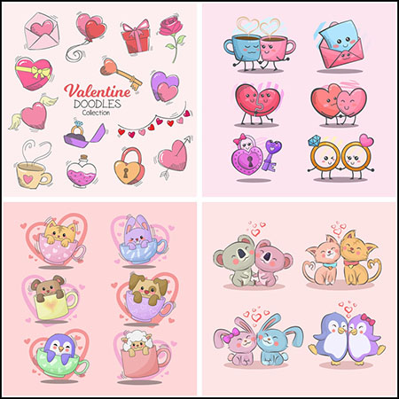 6套情人节快乐有趣的动物和爱心贴签第一素材网矢量模板精选