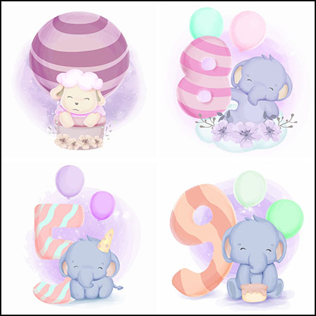 6款可爱卡通大象和绵羊水彩插画第一素材网矢量素材精选