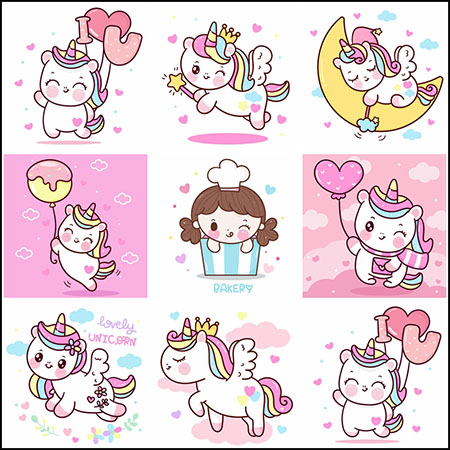 8款可爱卡通独角兽彩虹马和私房厨师女孩第一素材网矢量插图精选