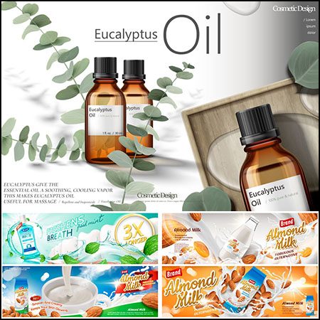 14款坚果饮料豆奶水果饮料和清洁用品横幅广告第一素材网矢量模板精选