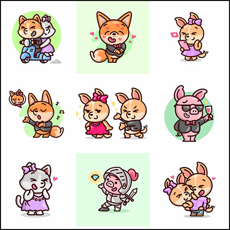 11套可爱卡通情侣小熊和小猪冲浪快艇运动第一素材网矢量插图精选