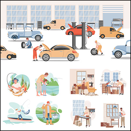 7套户外钓鱼汽车维修家具安装科研科技扁平化第一素材网矢量插图精选
