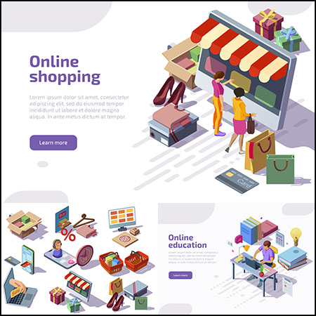 4套网络电商购物在线教育设计2.5D等距第一素材网矢量插图精选