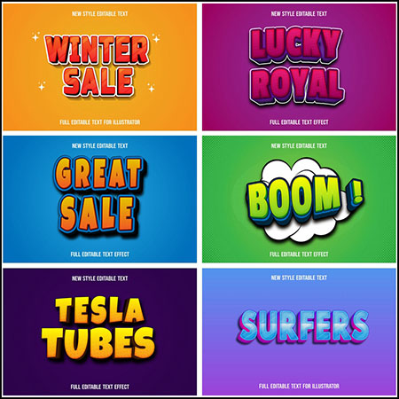 6款可爱卡通3D立体艺术字文本样式矢量模版