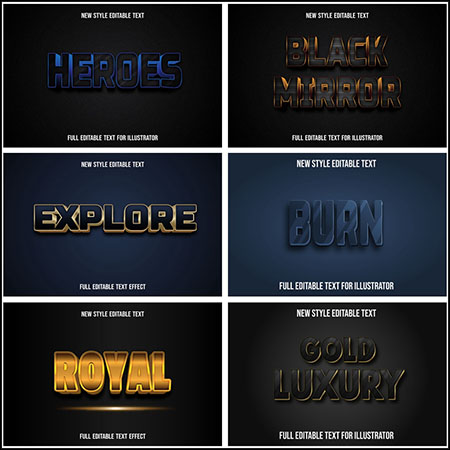 7款深色风格3D立体艺术字文本样式矢量模版