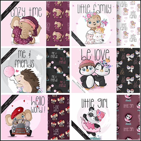 8款可爱卡通动物插图无缝背景第一素材网矢量素材精选