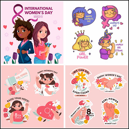 14款38妇女节快乐卡通女人和花插图第一素材网矢量素材精选