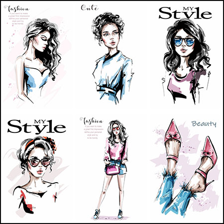 9款手绘时尚年轻女孩肖像第一素材网矢量插图精选