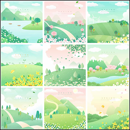 10款卡通手绘春天春季风景插画AI第一素材网矢量素材精选